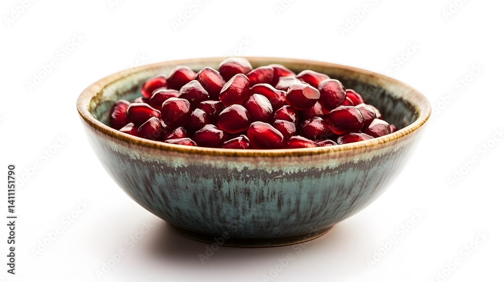 A rustic bowl brimming with fresh, juicy pomegranate arils. The vibrant red seeds are nestled in a teal glazed bowl, set against a clean white background. A rustic bowl brimming with fresh, juicy pomegranate arils. The vibrant red seeds are nestled in a teal glazed bowl, set against a clean white background.
