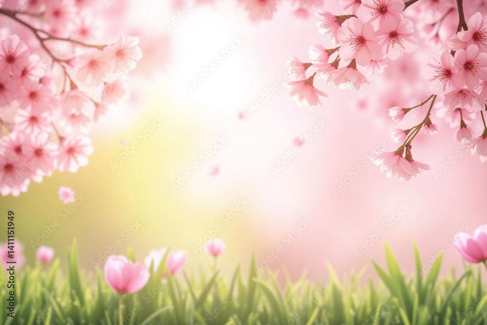 Fototapeta premium branch with pink flowers on a green background