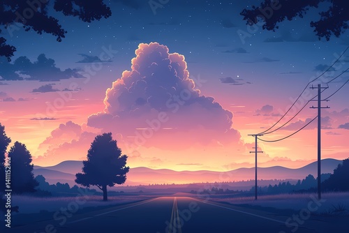 Idyllic Sunset Landscape: Vibrant Colors & Dreamlike Cloud Formations on Rural Open Road