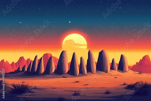 Vibrant Sunset Over Mystical Desert Landscape with Silhouette Rocks and Mountains - Digital Art Illustration of Colorful Sky Gradient and Serene Environment