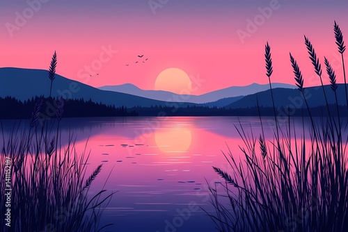 Serene Sunset Over Tranquil Lake: Idyllic Waterscape with Vibrant Reflections and Scenic Mountain Silhouettes