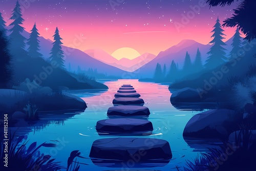 Idyllic Riverside Sunset: Serene Landscape with Pink & Blue Reflections, Stones, and Layered Mountains