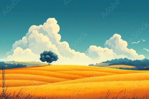 Serene Summer Sunset Over Vibrant Wheat Field: Panoramic Landscape & Nature Photography
