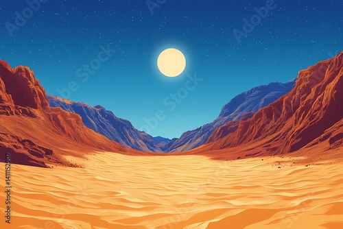Desert Landscape Illustration: Arid Scenic Sunset with Mountains and Sand Dunes in Vibrant Warm Colors - Digital Art Vector