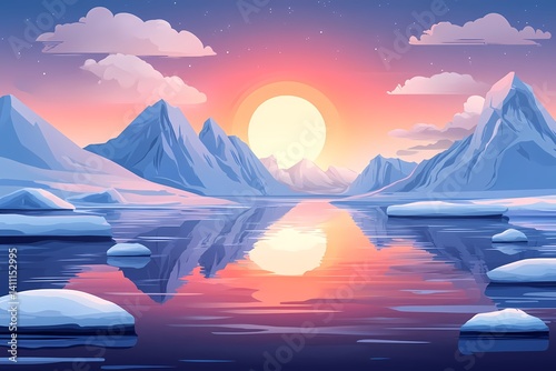 Stunning Arctic Sunset Over Ice-Laden Mountains Reflecting on Tranquil Lake - A Serene Digital Art Illustration of Vibrant Evening Skies