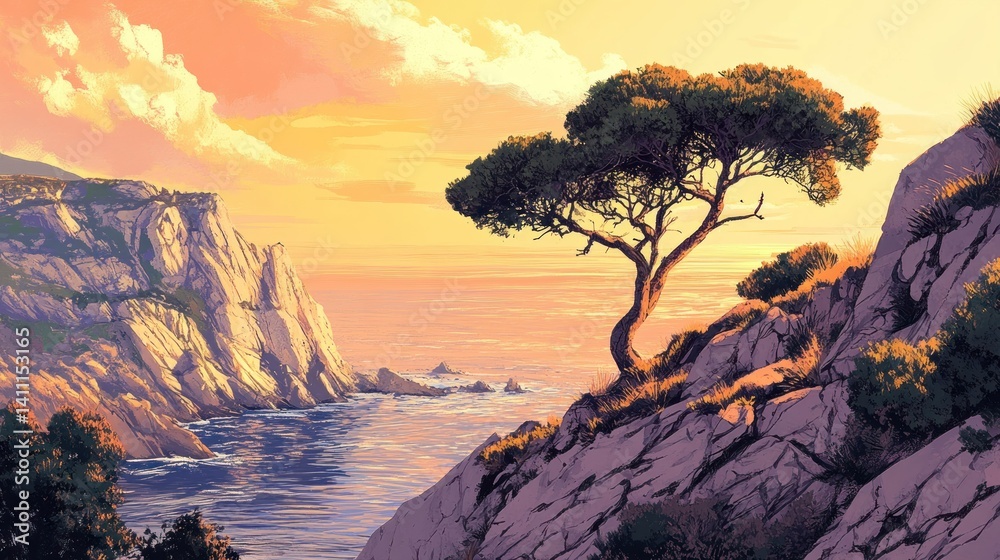 Obraz premium A picturesque landscape featuring a solitary tree by the ocean