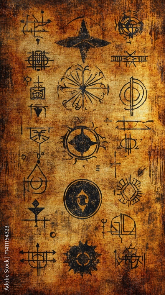 Naklejka premium Ancient Symbols and Mystical Designs on Weathered Background