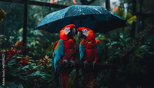 Parrots Under Umbrella in Rain Forest photo