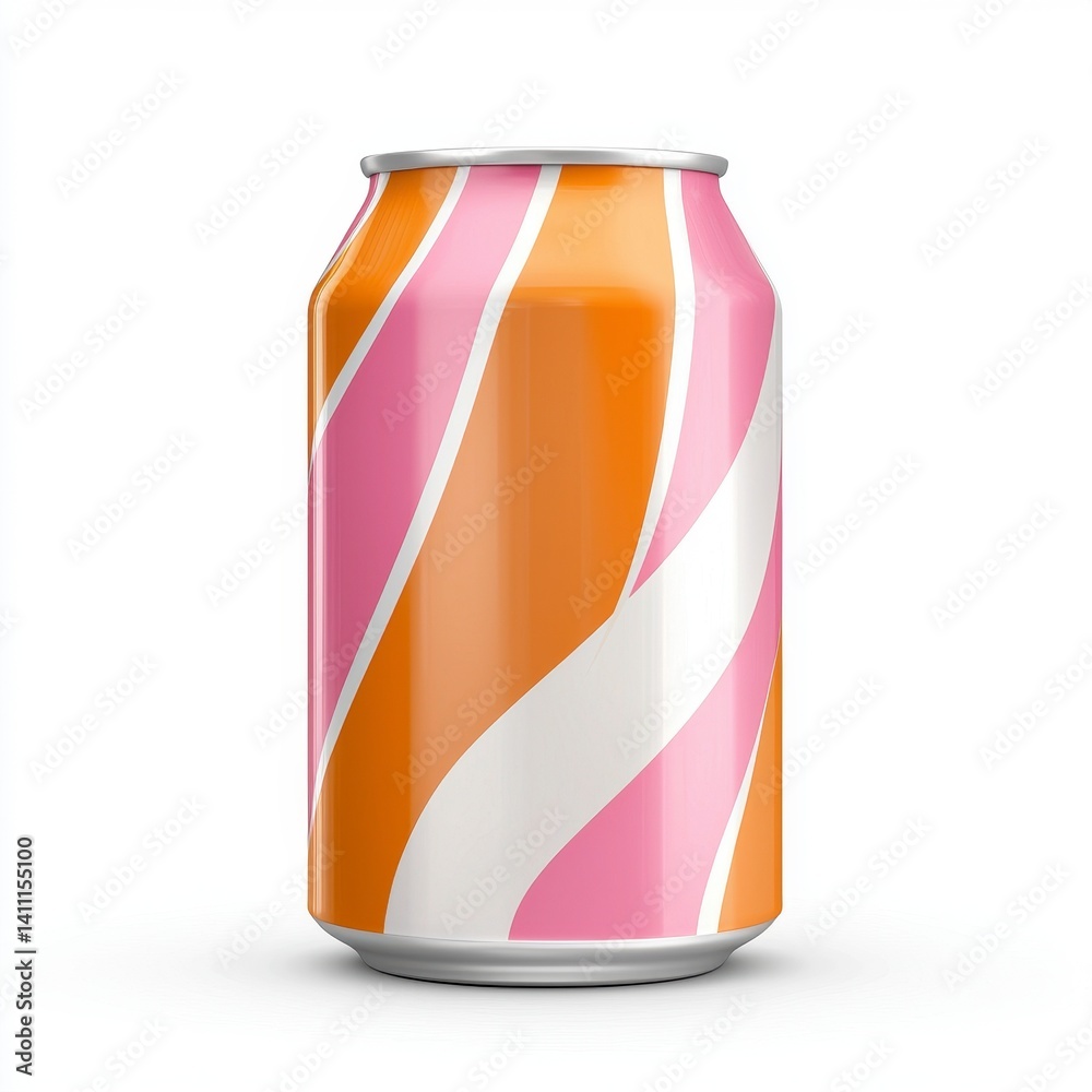 Fototapeta premium Aluminum Can with Pink and Orange Diagonal Stripes on White Background