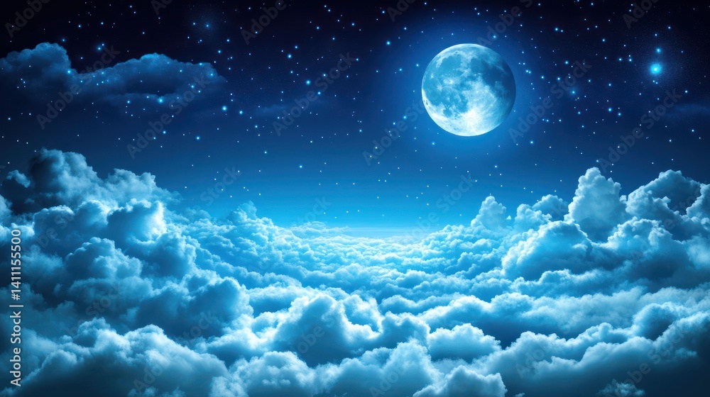 Fototapeta premium Full moon over cloudscape, starry night, fantasy backdrop, dreamy design