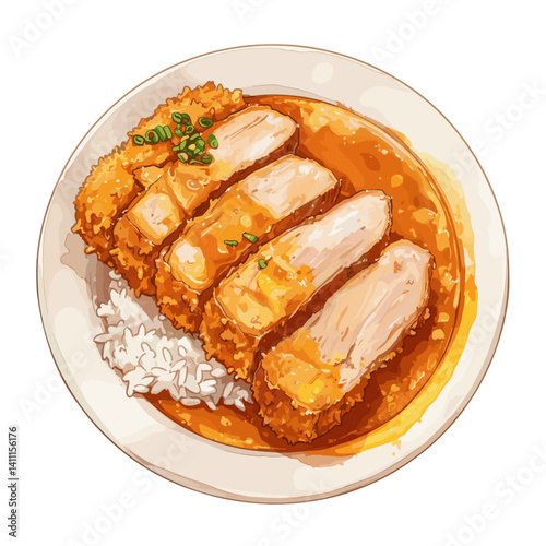 Deep fried pork with curry and rice curry on plate illustration food meal vector