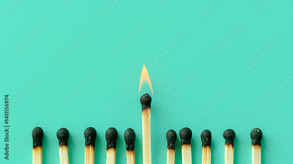 Single burning match standing out among burnt ones on turquoise background symbolizing leadership Single burning match standing out among burnt ones on turquoise background symbolizing leadership