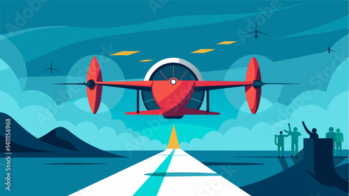 One eVTOL breaks away from the pack and flies towards a massive wind tunnel ready to perform advanced aerodynamic tests in the controlled environment.. Vector illustration