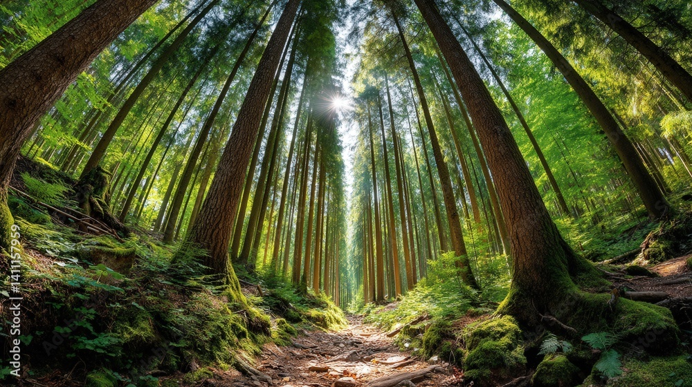 Fototapeta premium Tranquil forest pathway inviting exploration through lush greenery and towering trees beneath a clear blue sky
