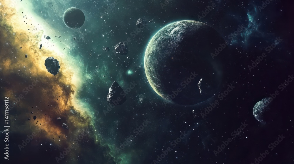 Obraz premium Planet, asteroid field, nebula background, space exploration, science fiction