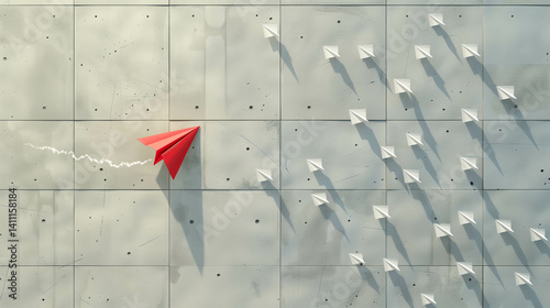 Red paper airplane flying in opposite direction against white planes symbolizing innovation and change