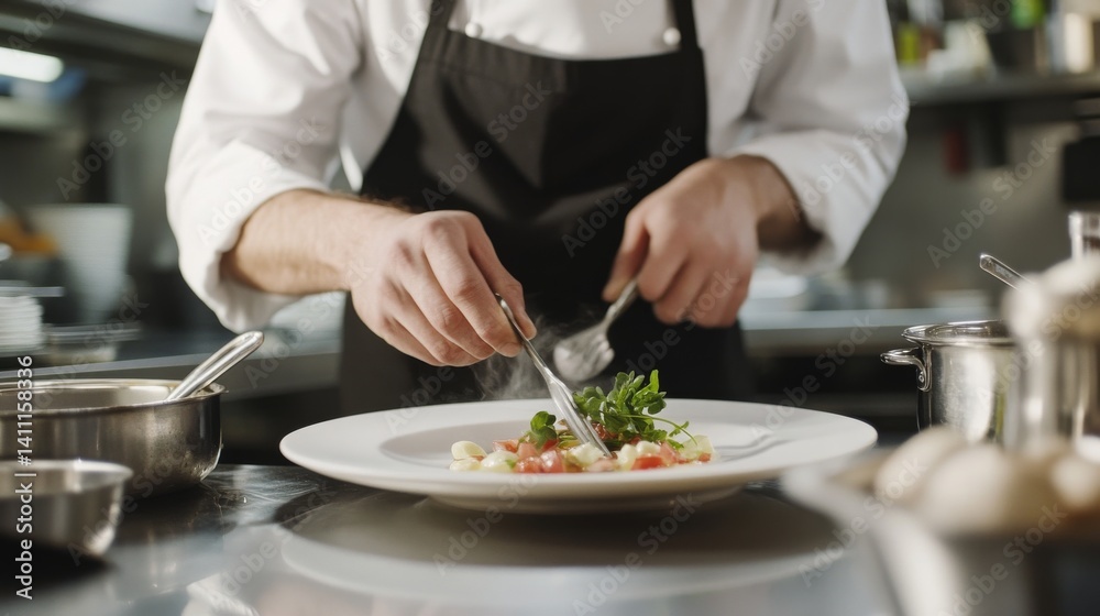 A chef preparing a gourmet dish in a restaurant kitchen. Featuring skill and creativity A chef preparing a gourmet dish in a restaurant kitchen. Featuring skill and creativity