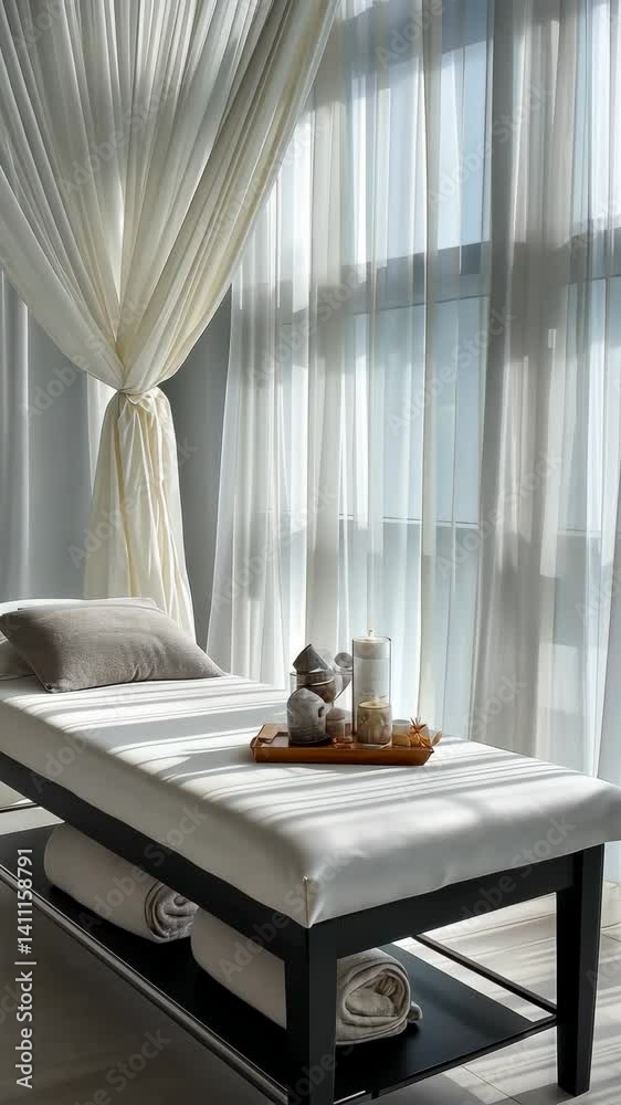 Serene Spa Room with White Curtains and Natural Light Serene Spa Room with White Curtains and Natural Light