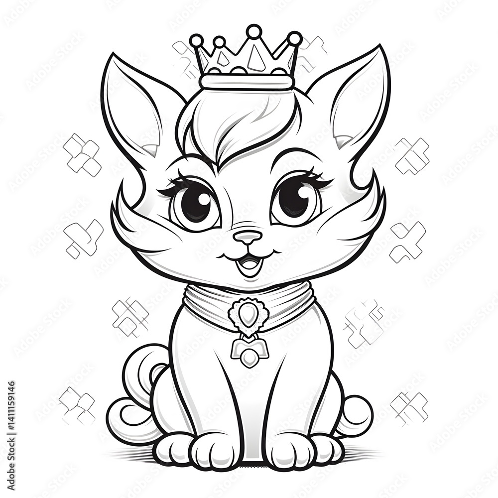 Obraz premium Cute cartoon kitten princess with a crown coloring page for kids