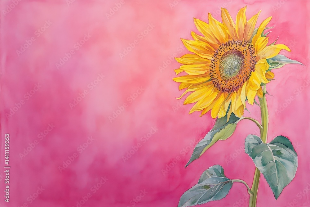 custom made wallpaper toronto digitalVibrant watercolor sunflower against a soft pink backdrop.