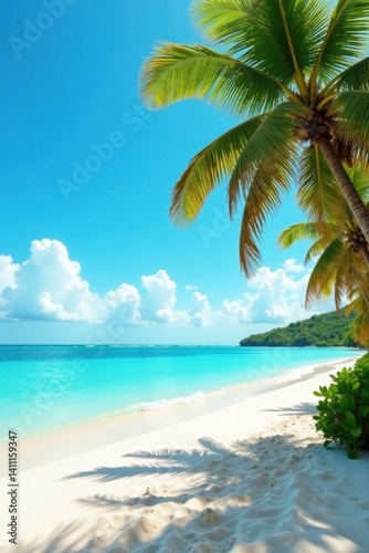 tranquil beach scene with swaying palms and turquoise water on a sunny day, serene, beach