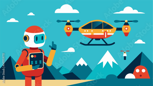 A robotic voice announces safety instructions as the eVTOL lifts off the ground signaling the start of the journey.. Vector illustration