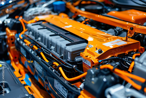 Close-up photo of an electric vehicle battery pack, orange and gray with black wires, in the engine bay of a modern car.