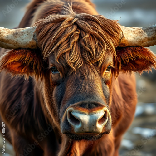Detailed view of aurochs fur and muscular build, showcasing strength and adaptation to grazing in cold, open landscapes. High-resolution, detailed textures, crisp focus