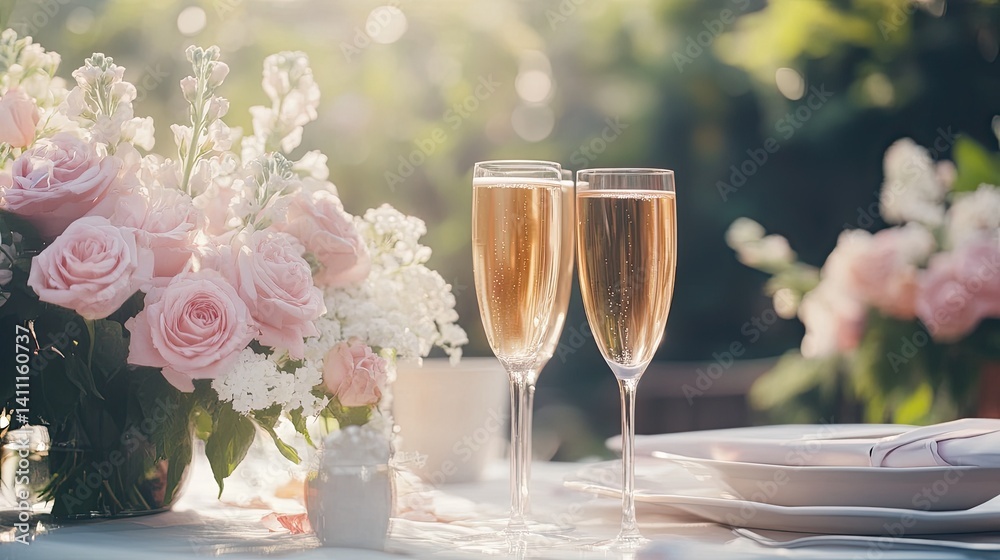 Elegant Toast with Champagne Flutes Surrounded by Fresh Flowers Elegant Toast with Champagne Flutes Surrounded by Fresh Flowers