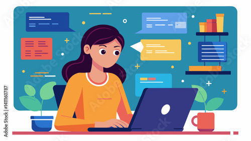 A teenage girl intently studying lines of code as she debugs and improves her teams software prototype.. Vector illustration