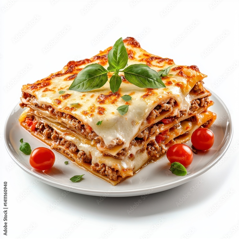 Baked Lasagna with Melted Cheese and Fresh Basil on White Plate Baked Lasagna with Melted Cheese and Fresh Basil on White Plate