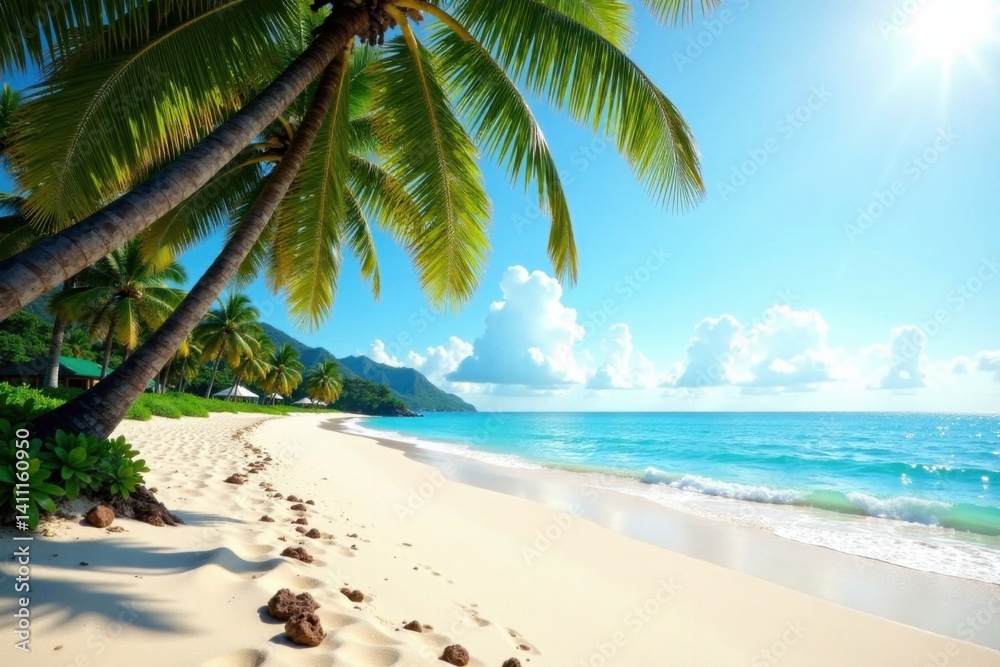 Obraz premium Sandy ocean beach with swaying palm trees and sunlit sand, ocean, palm fronds