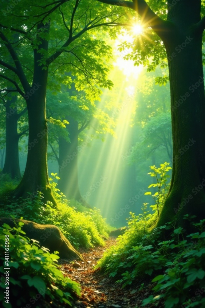 Obraz premium Soaring rays of sunlight filter through lush green canopy, illuminating forest floor with warm glow, sunshine, light, greenery