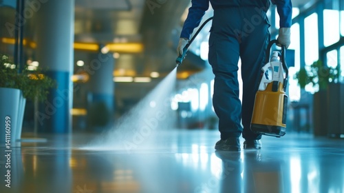 Fototapeta Naklejka Na Ścianę i Meble -  A cleaner disinfecting a public space with cleaning equipment. Featuring cleanliness and hygiene