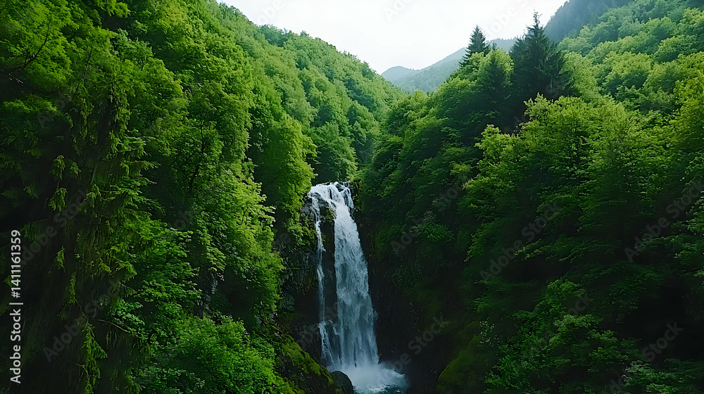 Fototapeta premium Lush Forest Waterfall Cascade With Green Trees