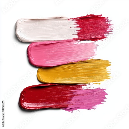 Creamy Makeup Swatches in Pink, Red, and Gold on White Background