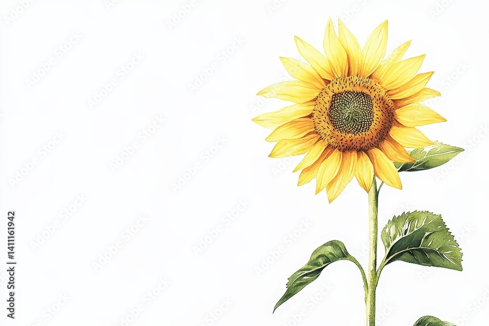 Fototapeta premium Detailed illustration of a vibrant sunflower against a white backdrop.