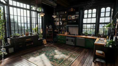 Pixel Art Cozy Kitchen With Dark Green Cabinets And Wooden Floors
