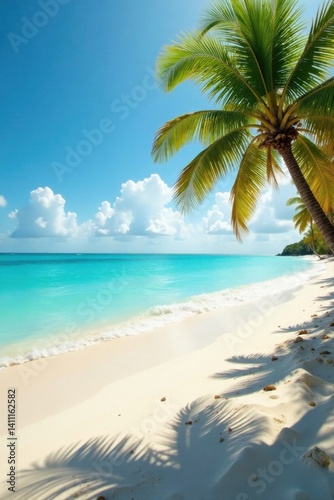 Serene turquoise ocean waves on a sandy white beach with swaying palm trees under warm golden light , wave, golden, serene