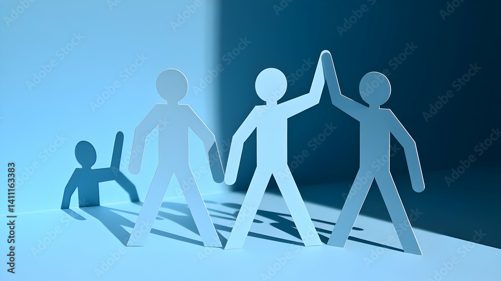 Paper cutout figures celebrating success and teamwork in a creative blue background setting Paper cutout figures celebrating success and teamwork in a creative blue background setting