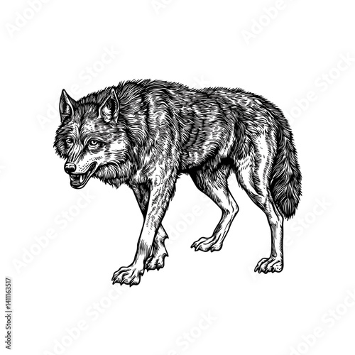 Realistic Black and White Wolf Illustration - Detailed Wildlife Artwork of Aggressive Predatory Creature in Vintage Sketch Design