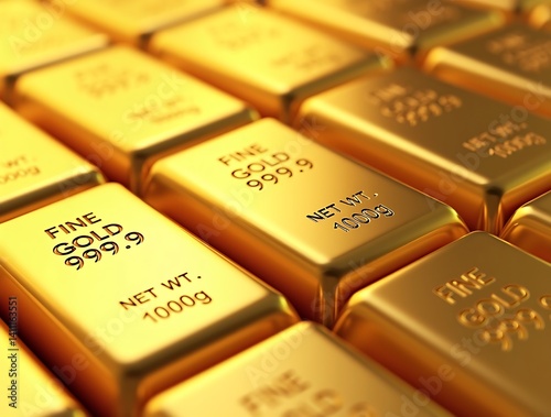 Close-up high-resolution photo of stacked gold bars with 