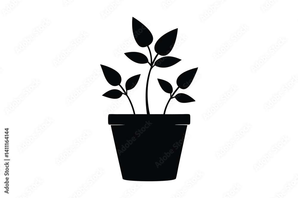 Fototapeta premium Small Indoor Plant In Pot Silhouette Vector Illustration Black And White