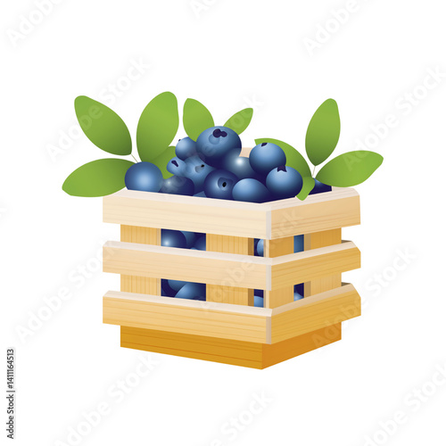 Fresh Blueberry Harvest in Wooden Basket: Organic Sweet Fruits with Green Leaves for Healthy Desserts and Sustainable Cooking Recipes