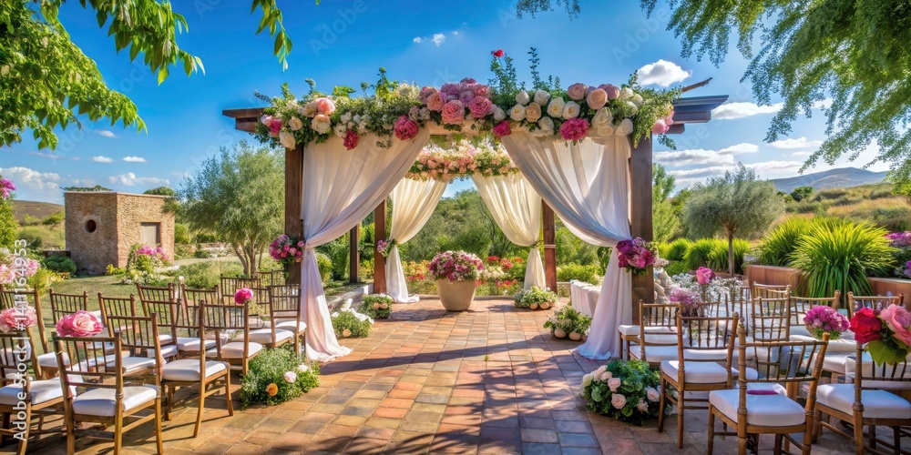 Fototapeta premium Breathtaking Floral Decorations for Outdoor Wedding Ceremony in Estancia - Vibrant Blooms, Rustic Setting, Dreamy Atmosphere, Perfect for Celebrations and Events