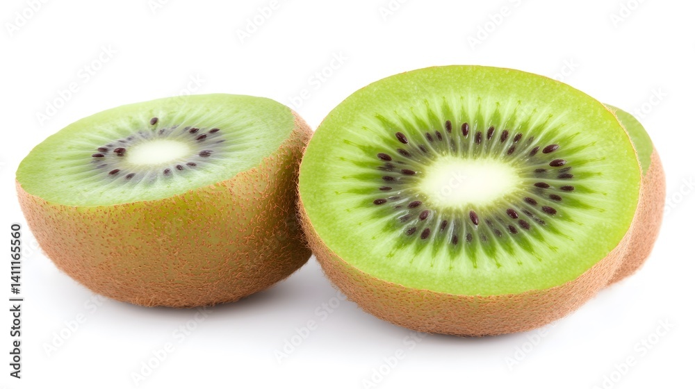 Two juicy kiwi fruit halves, sliced and showing vibrant green flesh with tiny black seeds. A close-up shot on a white background. Two juicy kiwi fruit halves, sliced and showing vibrant green flesh with tiny black seeds. A close-up shot on a white background.