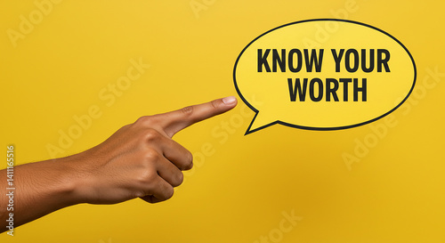Hand pointing at a speech bubble with the text know your worth on a yellow colored background house trend selling and purchasing $ 