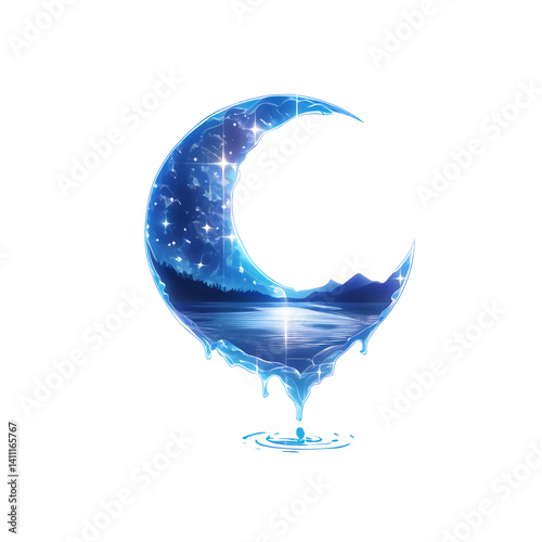 Dreamy Watercolor Sky: Whimsical Moon and Stars in Serene Night Landscape