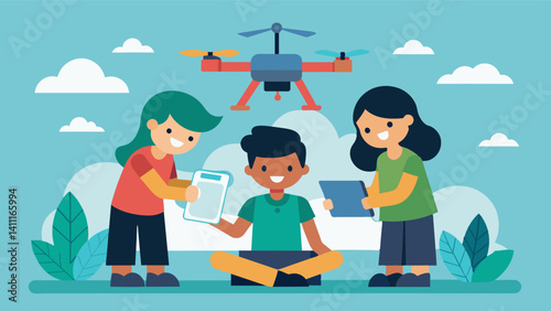 A team of kids excitedly work together to create a drone that can withstand extreme weather conditions and collect data in realtime.. Vector illustration