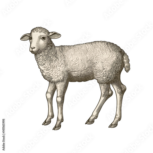 Vintage Hand-Drawn Sheep Illustration: Cute Fluffy Lambs in a Pastoral Farm Setting - Perfect for Agriculture and Animal Husbandry Themes
